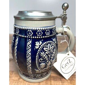 Handcrafted Gerz Stein Mug With Pewter Lid Ceramic 0.5L Germany Floral Design